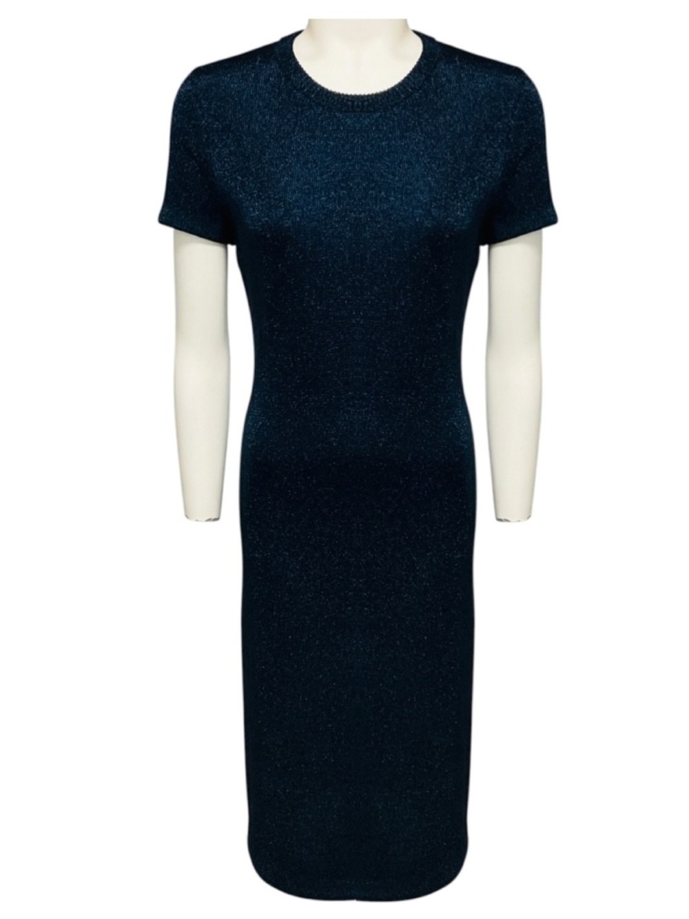 RALPH LAUREN COLLECTION NAVY BLUE SHIMMER KNIT SHORT SLEEVED FITTED MIDI DRESS